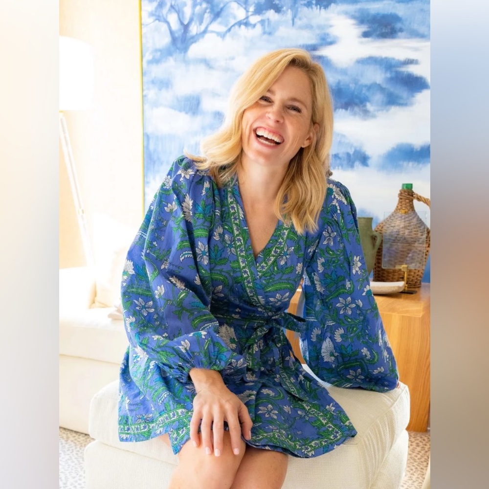 WKND WYFR Blue Green Wrap Fit Balloon Sleeve VNeck Wrap Dress Sz M/S 100% Cotton